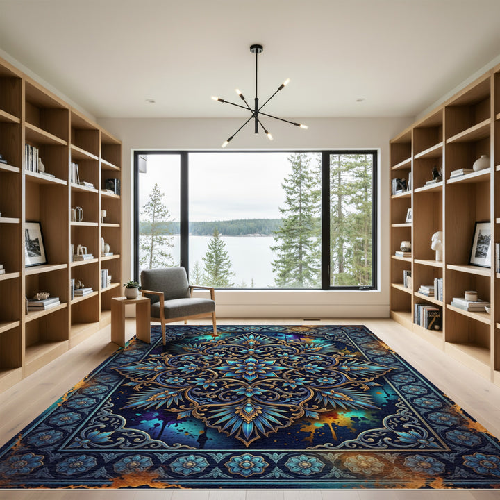 Luxe Blue Gold Floral Mandala Splash Rug