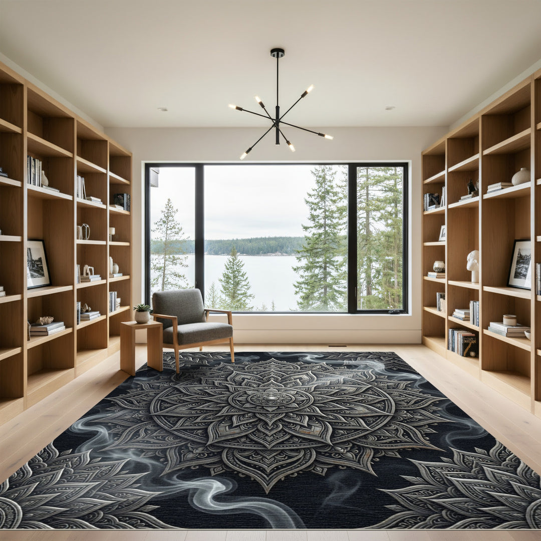 Ornate Silver Mandala Smoke Abstract Rug
