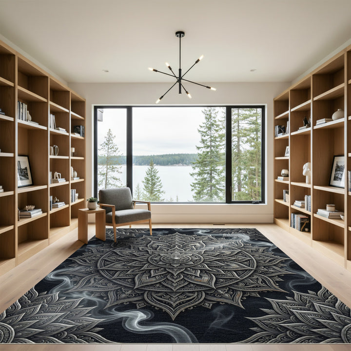 Ornate Silver Mandala Smoke Abstract Rug