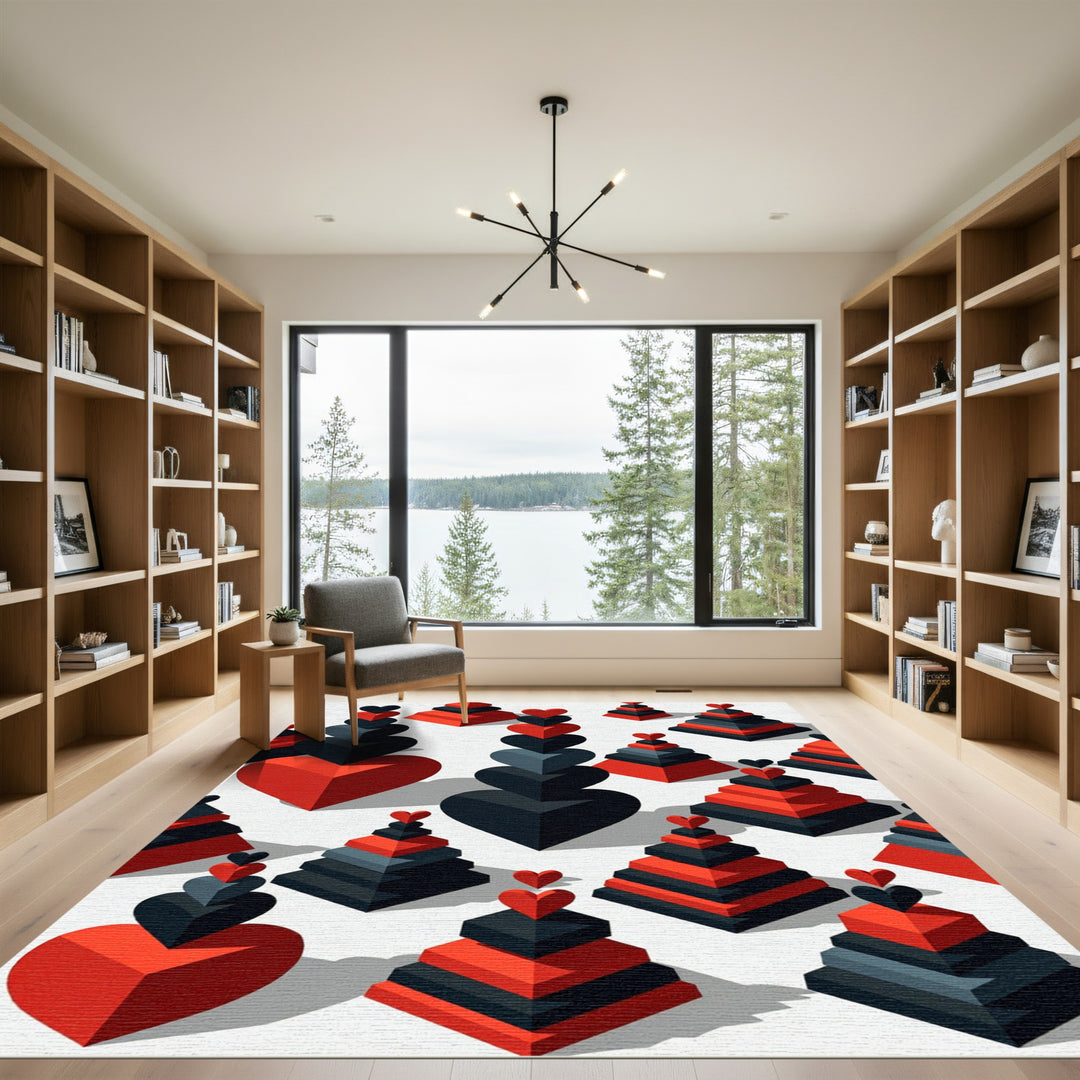 Geometric Red Black Heart Towers Rug