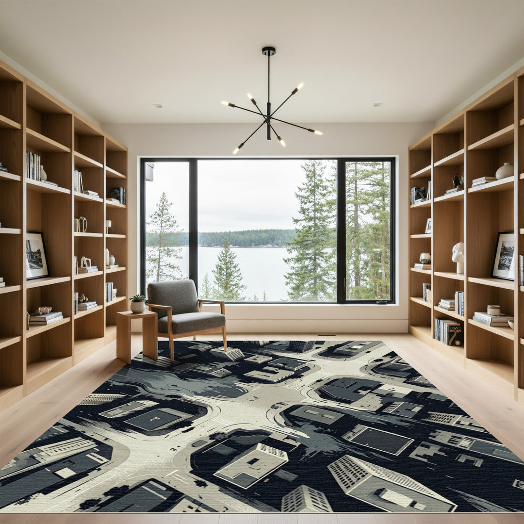 Monochromatic Urban Landscape Skyline Rug