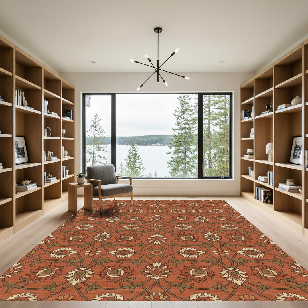 Warm Terracotta Floral Lattice Rug