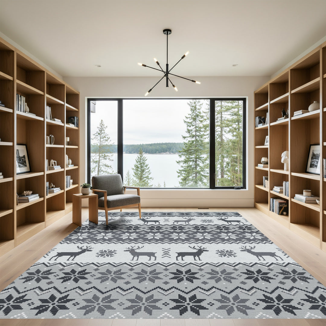 Gray Deer Snowflake Geometric Knit Rug