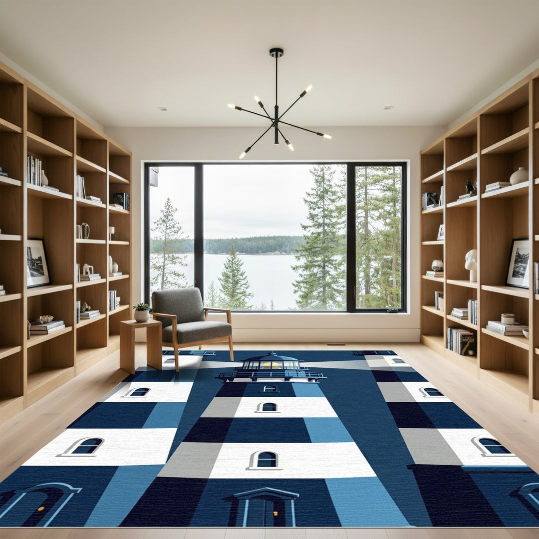 Coastal Blue Striped Lighthouse Composition Rug