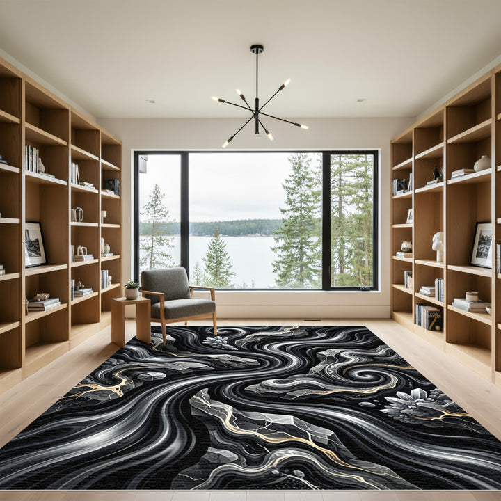 Abstract Black Crystal Swirl Rug