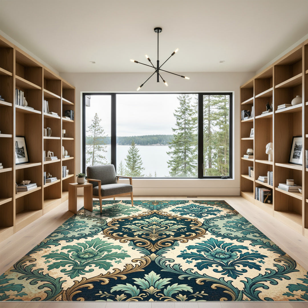Deep Teal Damask Floral Medallion Rug