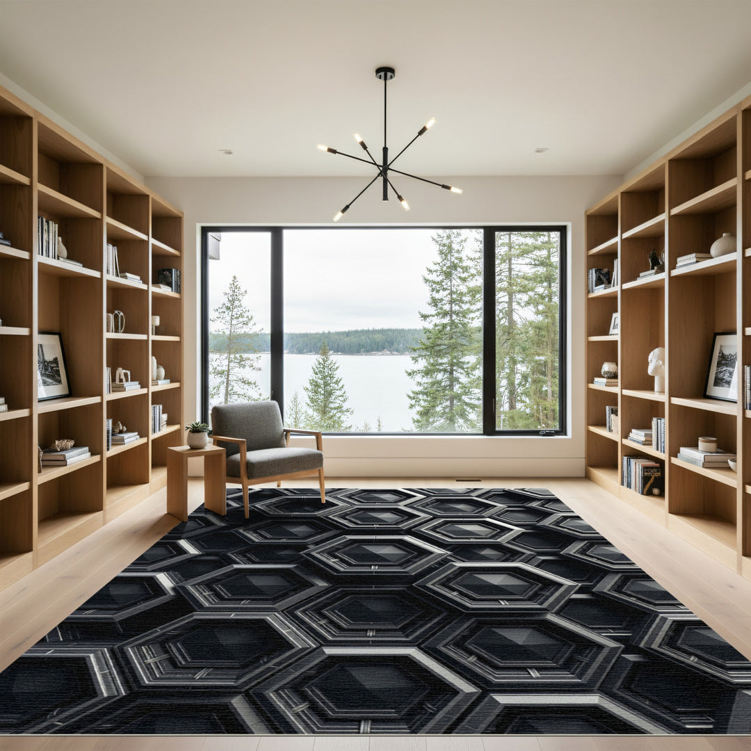 Dark Gray Geometric Hexagonal Structure Rug