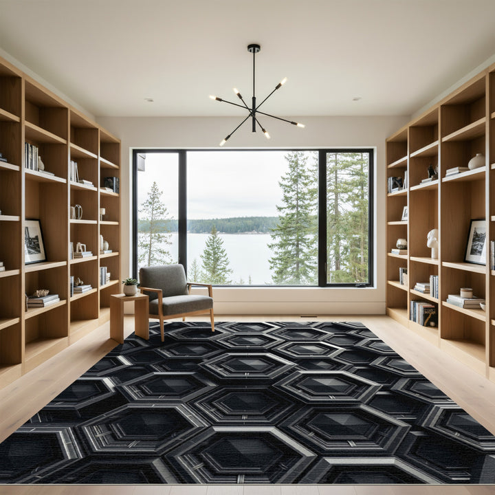 Dark Gray Geometric Hexagonal Structure Rug