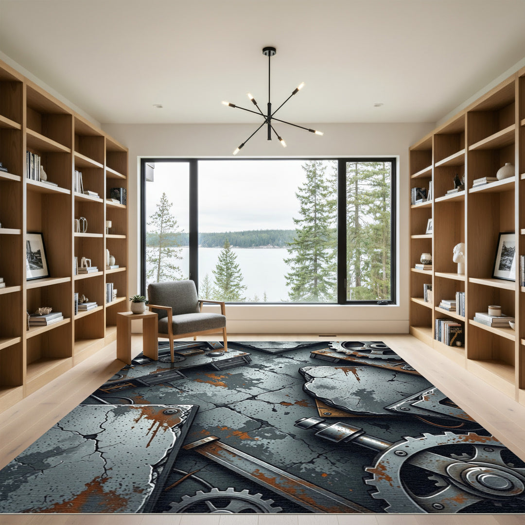 Industrial Gray Concrete Gear Composition Rug