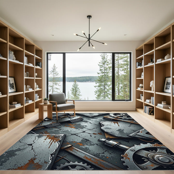 Industrial Gray Concrete Gear Composition Rug