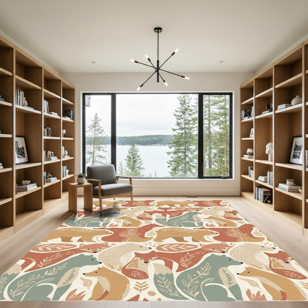 Woodland Creatures Earthy Tone Folk Art Rug