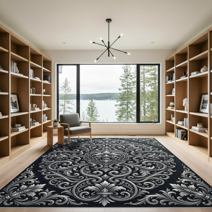 Ornate Silver Floral Scroll Rug