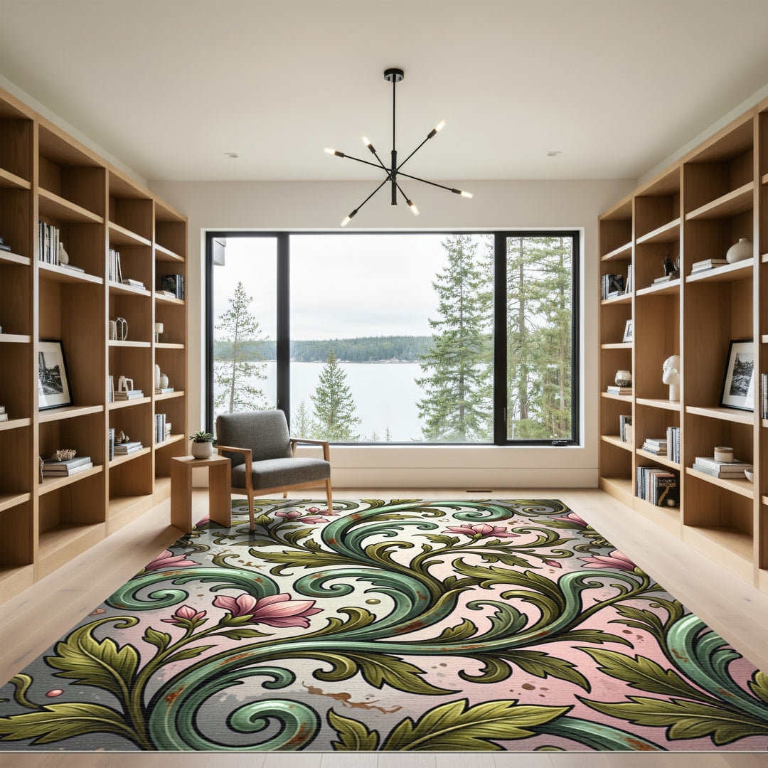 Elegant Green Floral Swirl Rug