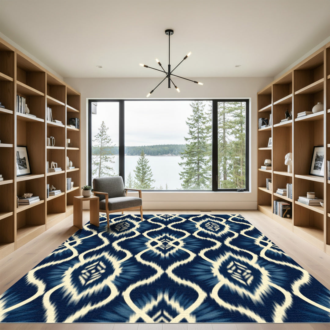 Deep Blue Ikat Ogee Diamond Repeating Rug