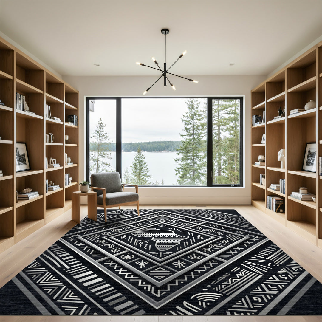 Tribal Black Silver Geometric Continent Rug