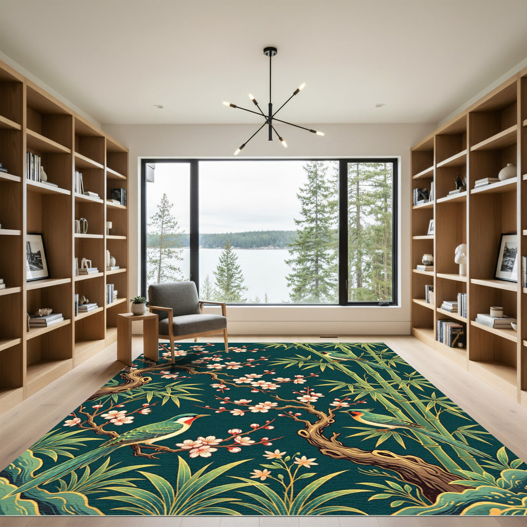 Birds Cherry Blossoms Bamboo Rug