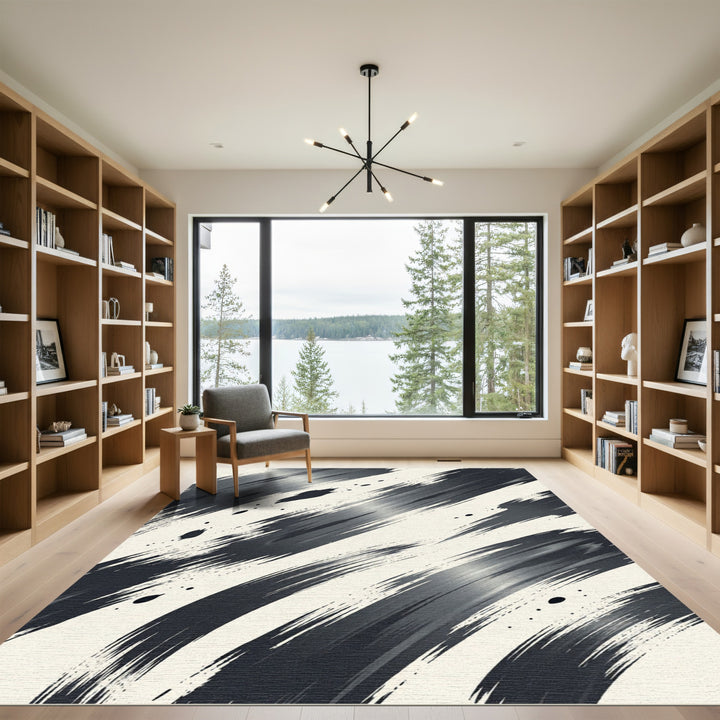 Abstract Black White Brush Strokes Rug