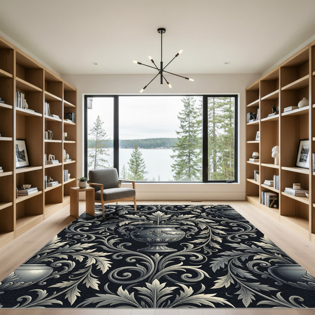 Elegant Black White Acanthus Scroll Rug