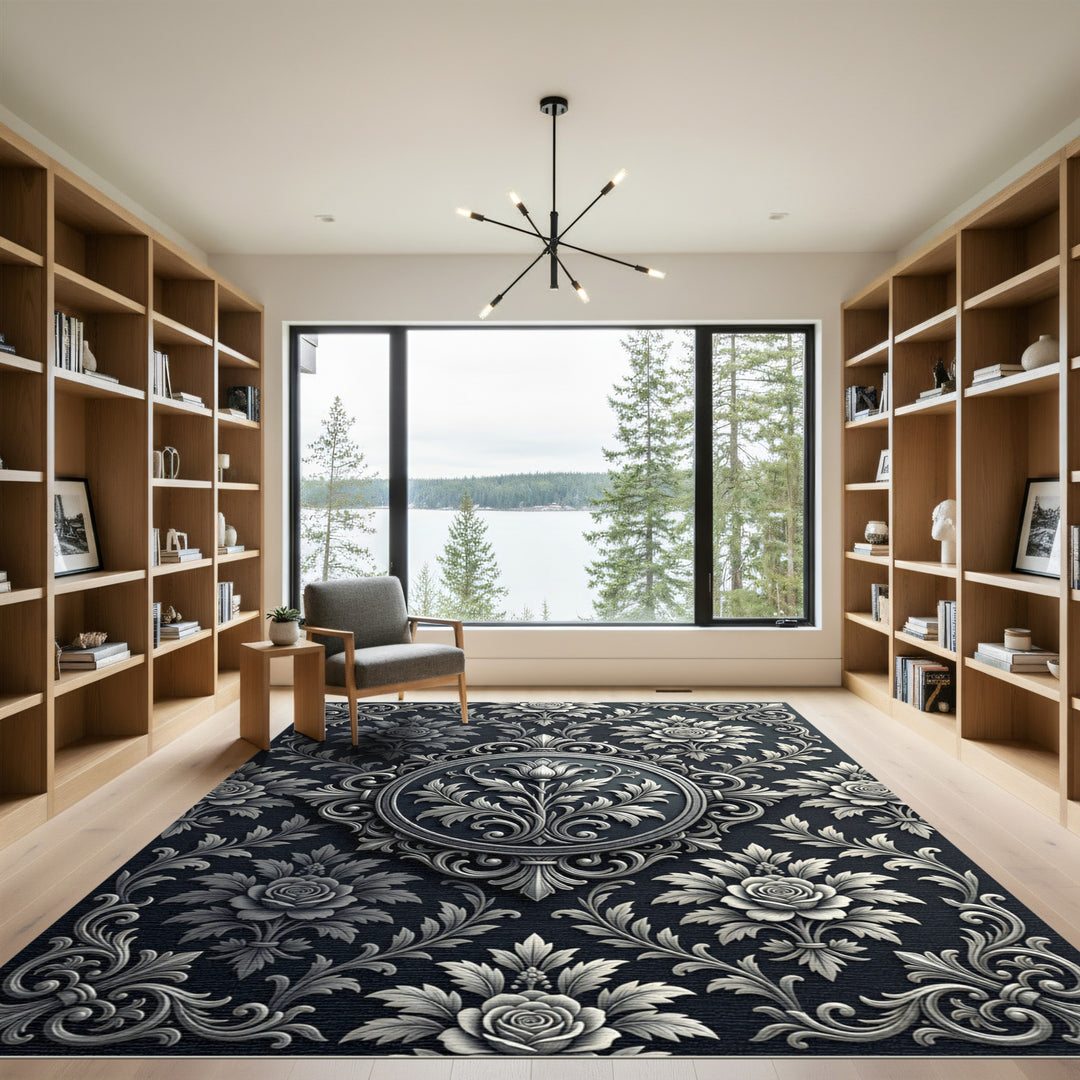 Ornate Charcoal Rose Floral Rug