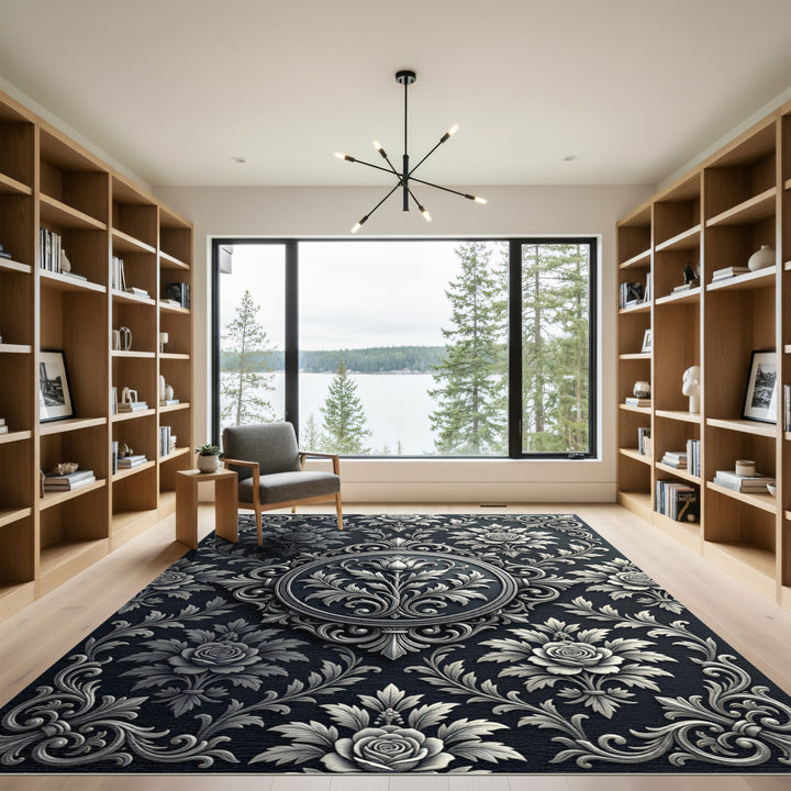 Ornate Charcoal Rose Floral Rug