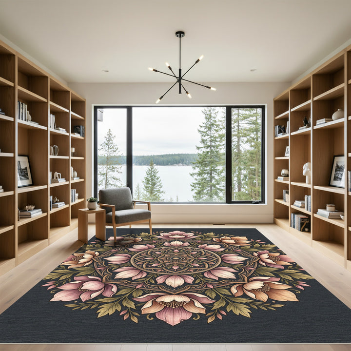 Pink Floral Mandala With Golden Accents Rug