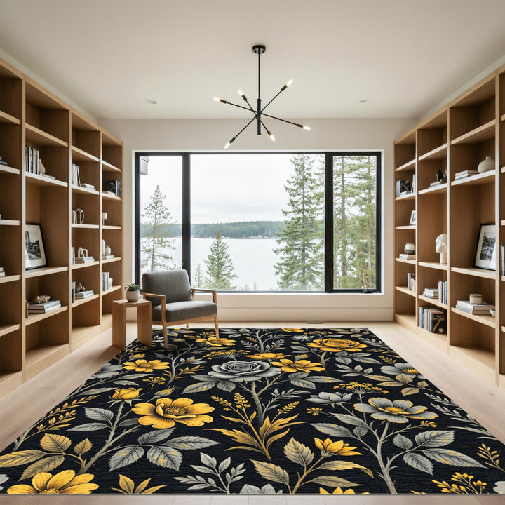 Earthy Yellow and Gray Floral Branches Rug