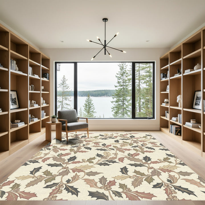 Rustic Holly Leaf Berry Branches Rug