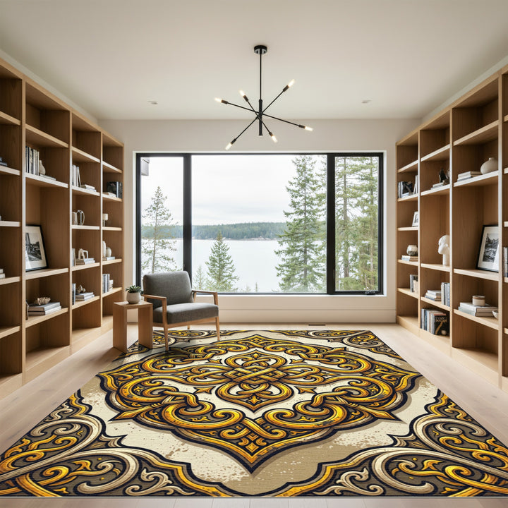 Ornate Gold Interlocking Scrollwork Rug