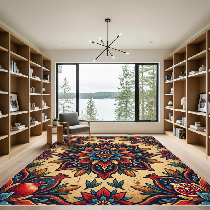 Mandala Pomegranate Floral Scarlet Blue Rug