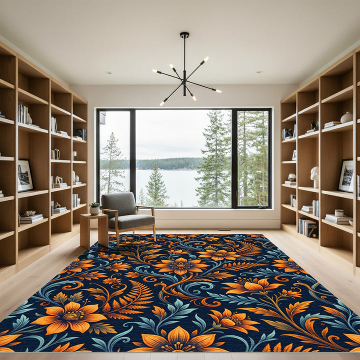 Ornate Orange Floral Swirls Rug