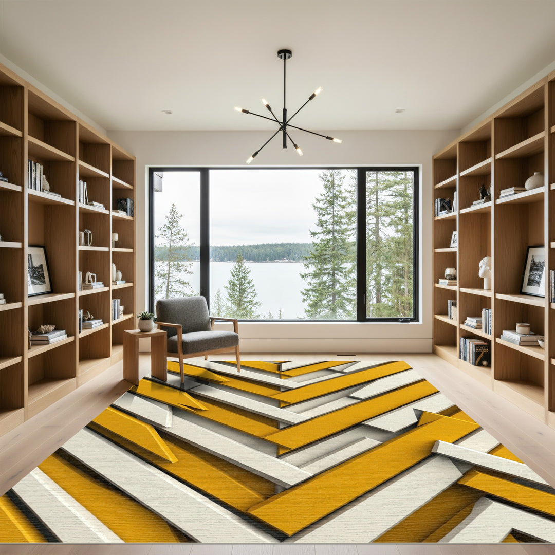Golden Yellow White Intersecting Beams Rug