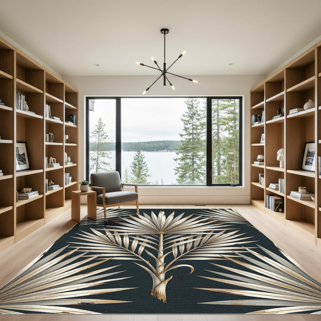 Luxurious Gold Palm Frond Botanical Rug