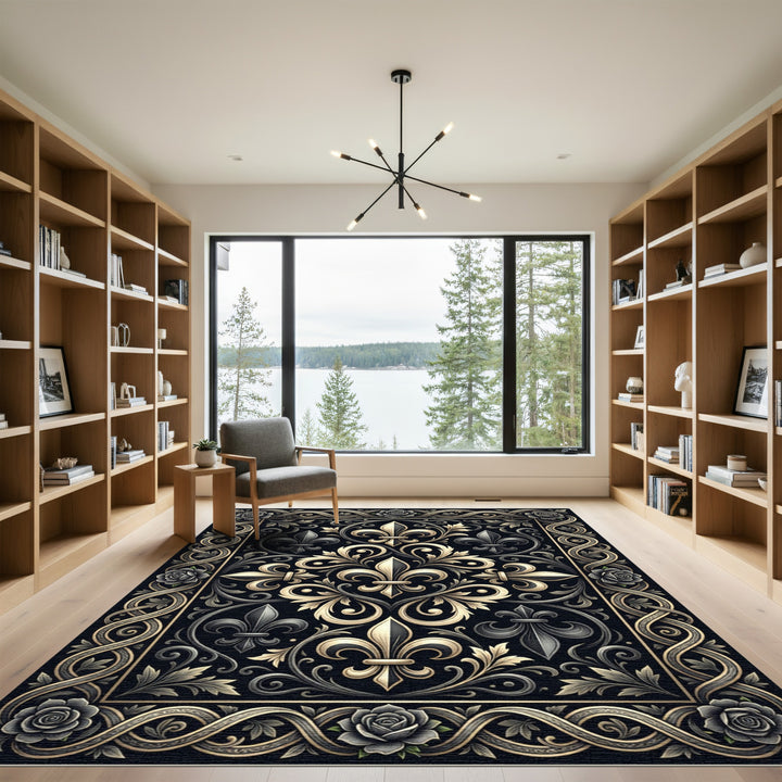 Elegant Black Gold Fleur De Lis Tapestry Rug