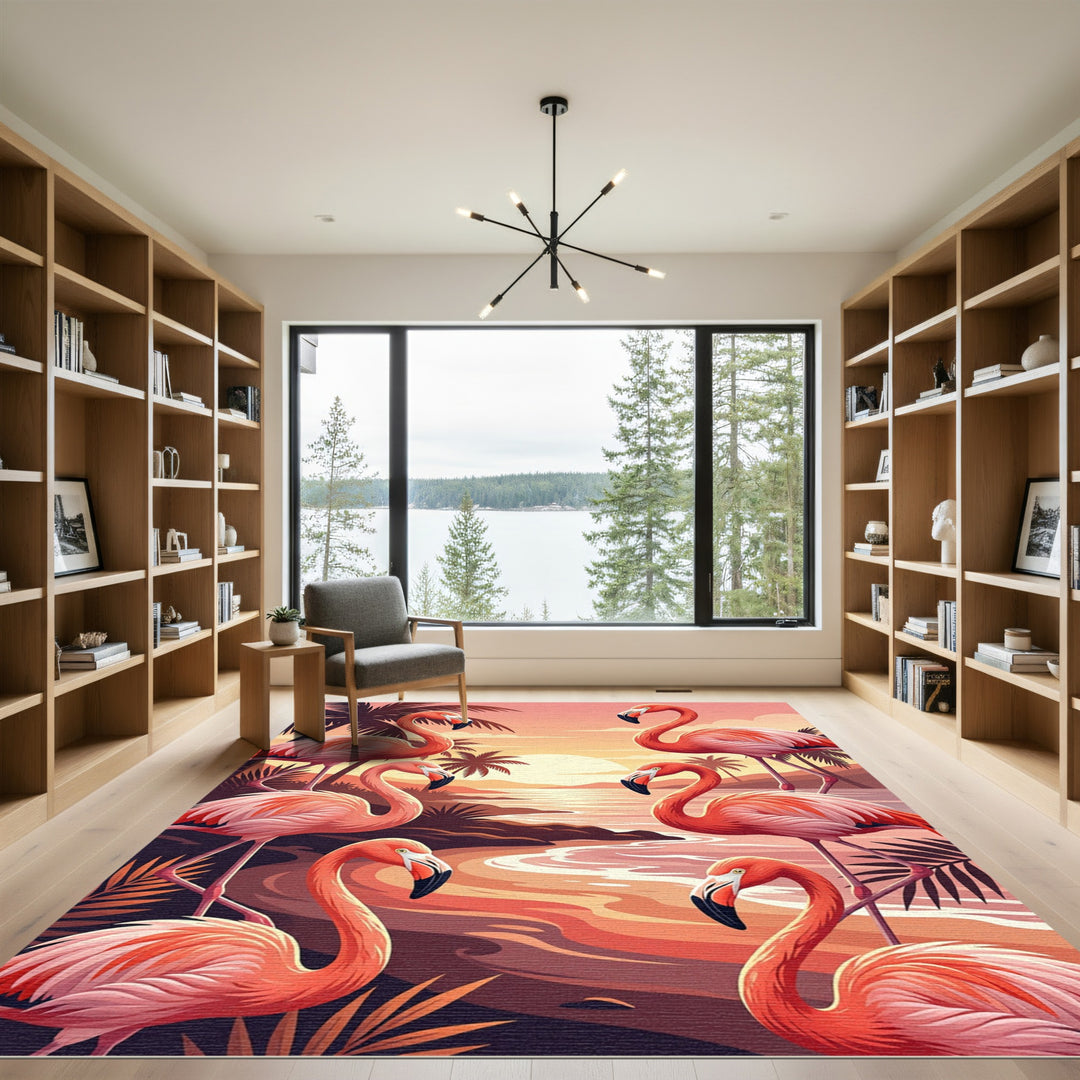 Tropical Flamingo Paradise Sunset Scene Rug