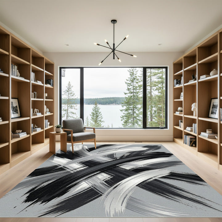 Abstract Black White Brushstroke Rug