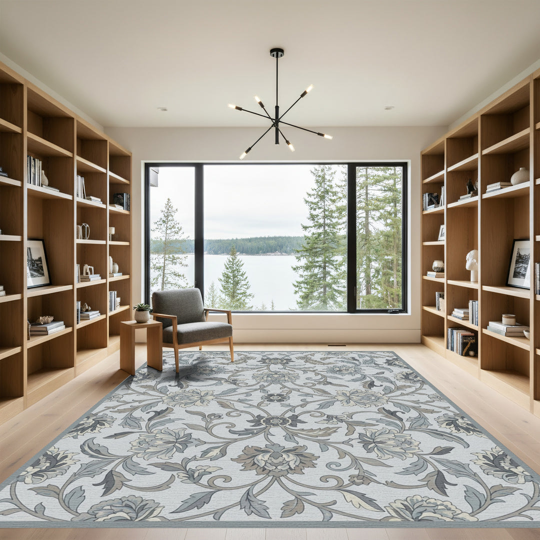 Soft Blue Floral Scrollwork Medallions Rug