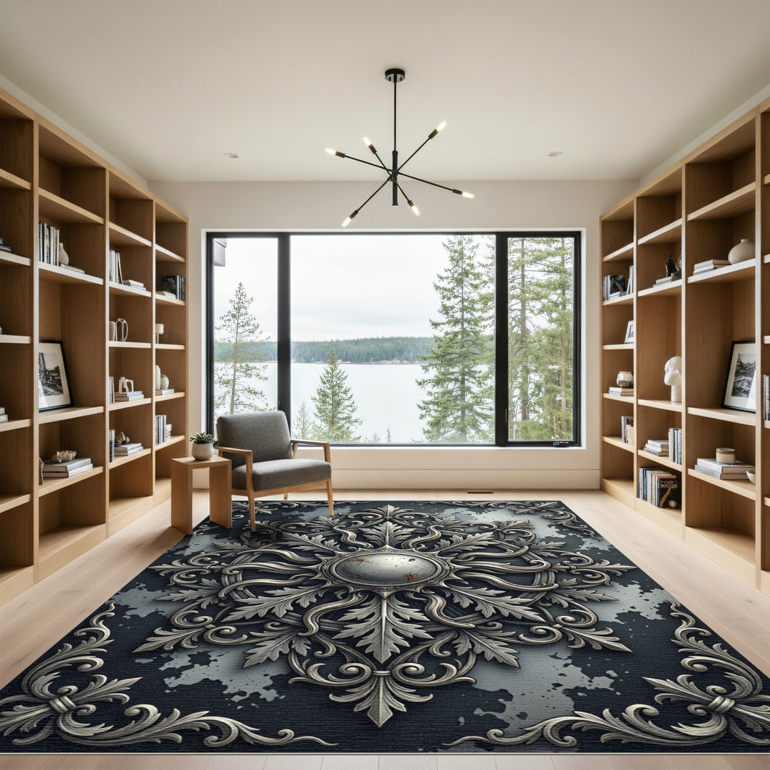 Ornate Silver Sunburst Foliage Rug