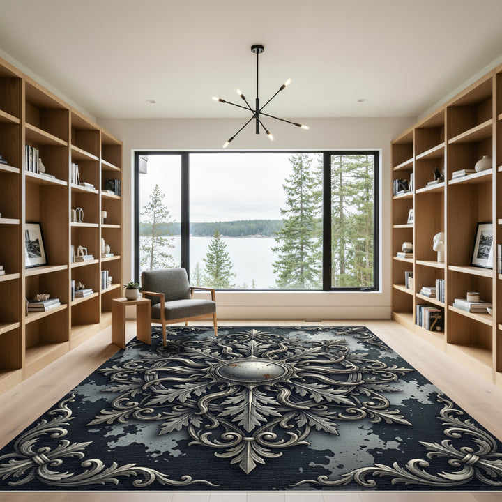 Ornate Silver Sunburst Foliage Rug