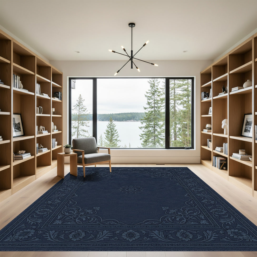 Deep Indigo Floral Garden Medallion Rug