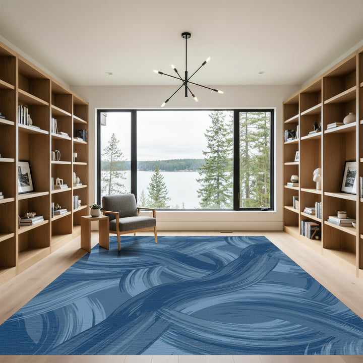 Deep Blue Brush Stroke Waves Rug