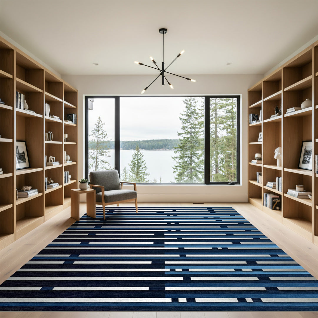Deep Blue White Stripe Composition Rug