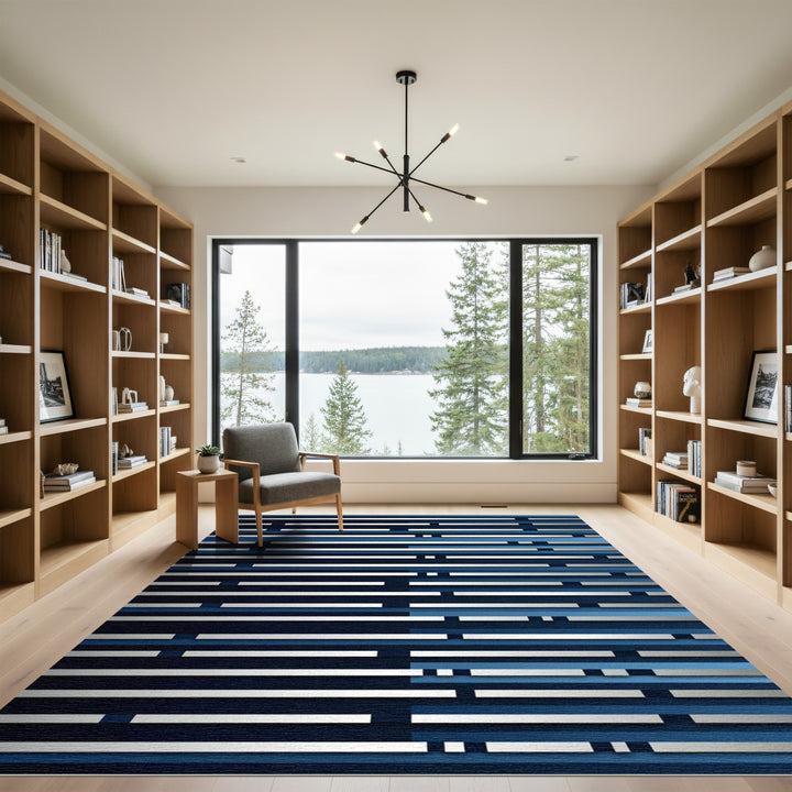 Deep Blue White Stripe Composition Rug