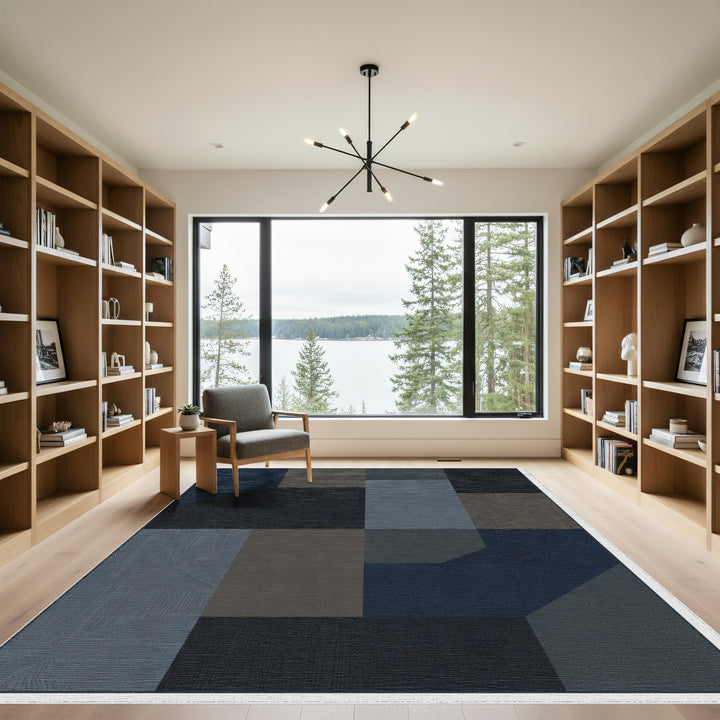 Dark Blue Geometric Cubist Blocks Rug