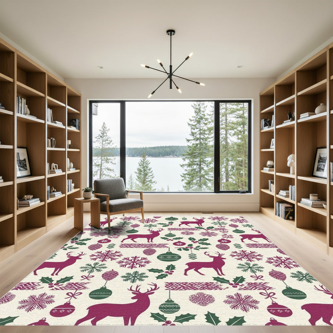 Deep Berry Reindeer Snowflake Holiday Accents Rug