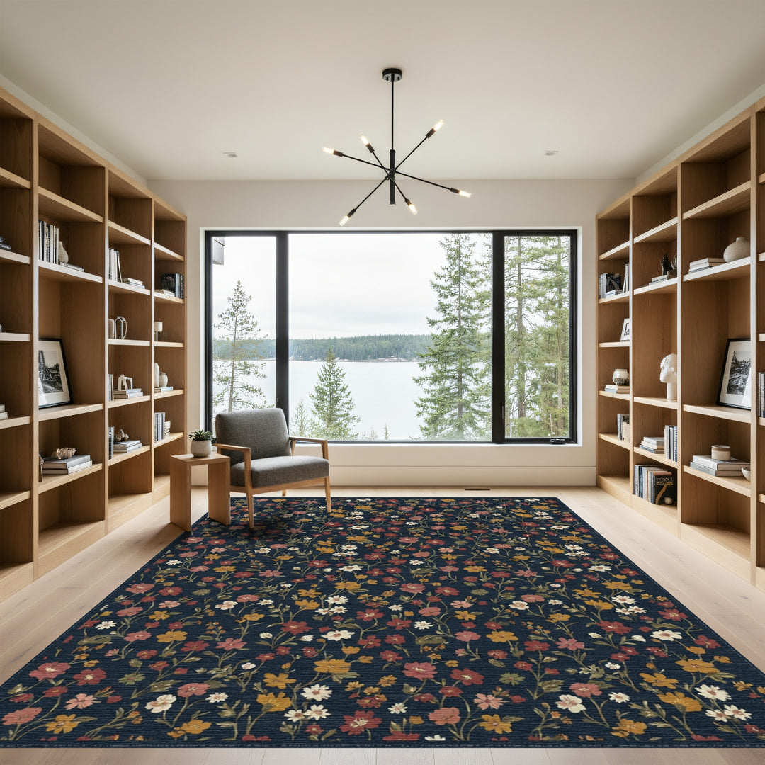 Vintage Deep Navy Floral Meadow Rug