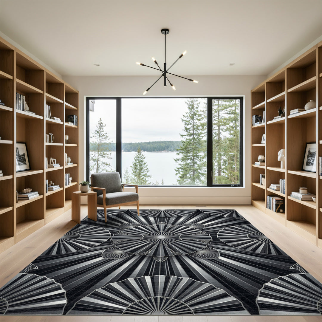 Art Deco Black White Sunburst Fan Rug