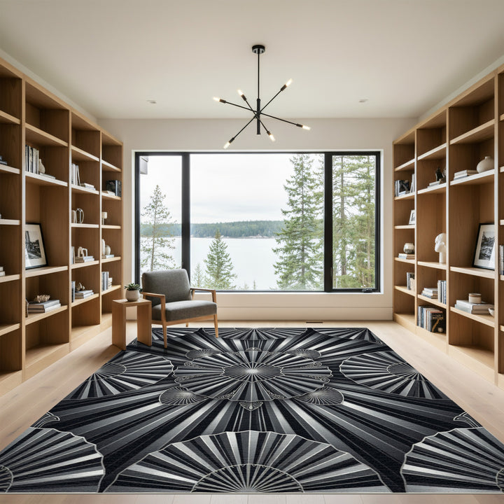 Art Deco Black White Sunburst Fan Rug