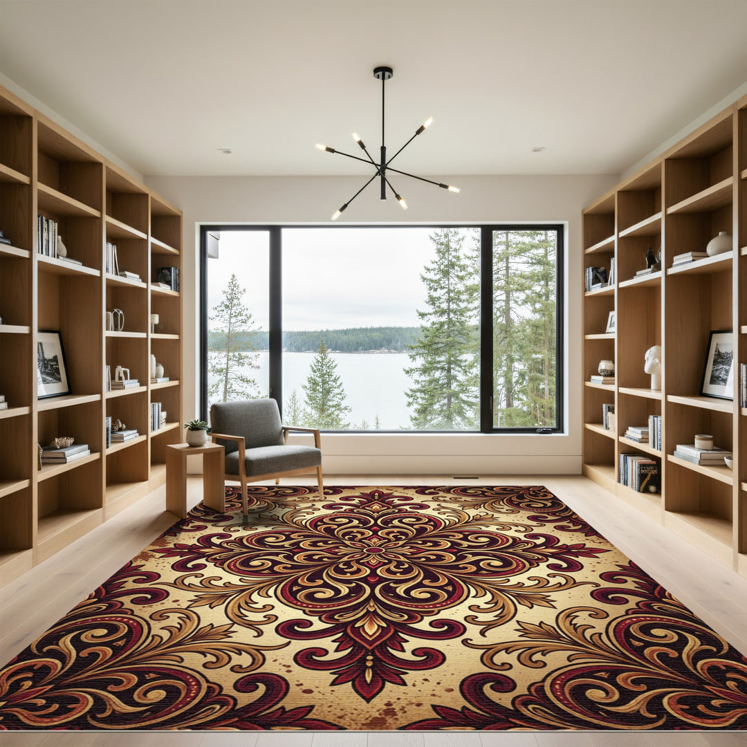 Ornate Burgundy Gold Floral Medallion Rug