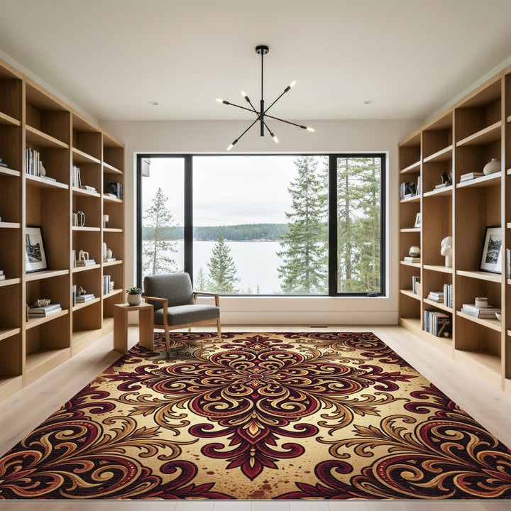 Ornate Burgundy Gold Floral Medallion Rug