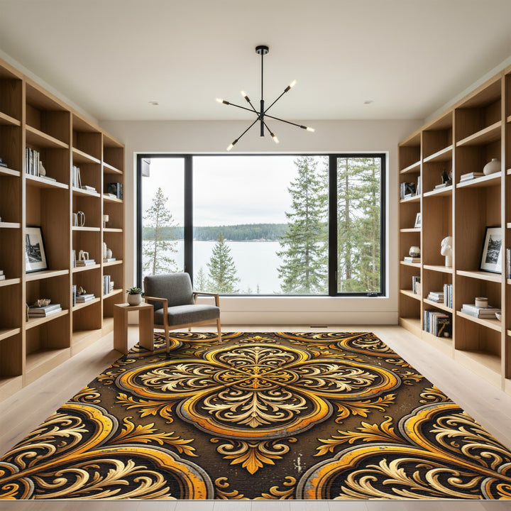 Golden Ornate Scrollwork Regal Rug
